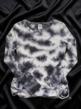 PINK VS Black & White Tie-Dye Ribbed Long Sleeve Scoop Neck Top with Side Ties